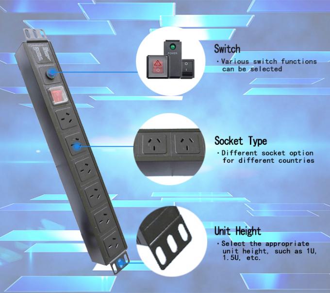 19 pulgadas de aluminio negro IEC Tipo 6 vías 8 tomas de corriente C13 C14 Unidad de distribución de energía 16Amp/32Amp con enchufe de comando disponible IEC320 Smart Socket PDU 2