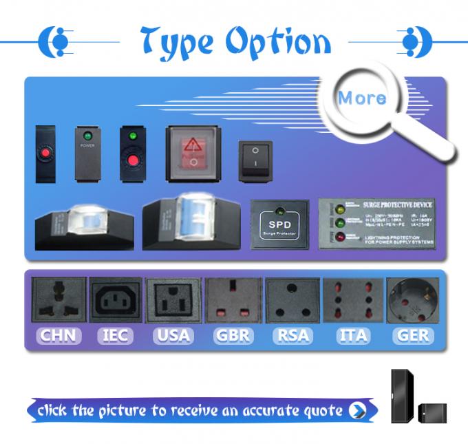 19 pulgadas de aluminio negro IEC Tipo 6 vías 8 tomas de corriente C13 C14 Unidad de distribución de energía 16Amp/32Amp con enchufe de comando disponible IEC320 Smart Socket PDU 3